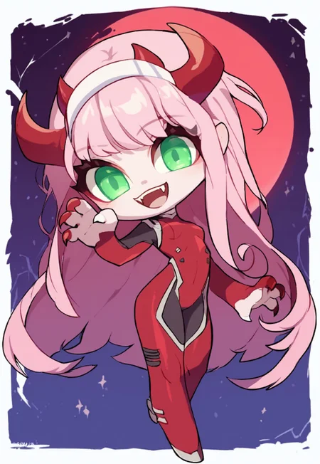 score_9, score_8_up, score_7_up, (moonlight night background), night Back, (red moon), open mouth, fangs, 1girl, solo, looking at viewer, chibi, cute, full body, Full body view, (skinny), big head, smile, :3, claw pose, chibi, glowing, higlights are red and white colors, red plugsuit, pink hair, green eyes, hairband, horns, long hair, red horns, white hairband, zero two, eyeliner
