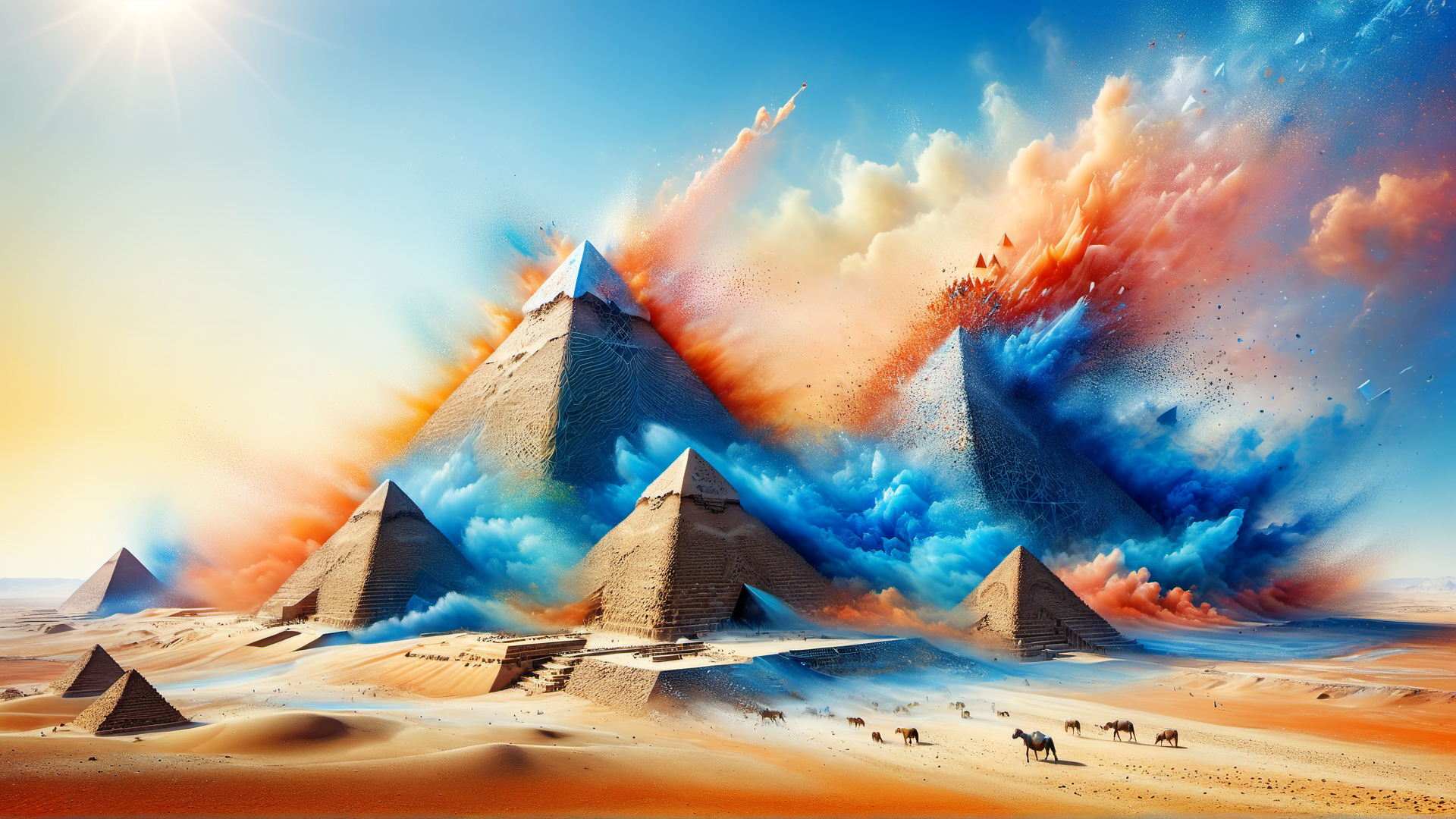 by Franz Marc, Raw digital photo, epic Holography of a landscape of a Steel Blue, Sand and Coral (Pyramids of Giza:1.1) , it is Lush, at Midday, Vibrant colors, animals, abstract expressionism, emotional, <lora:ral-dissolve-sdxl:1> made out of ral-dissolve, highly decorated, perfect background, shiny, professional fine composition, dynamic cinematic color