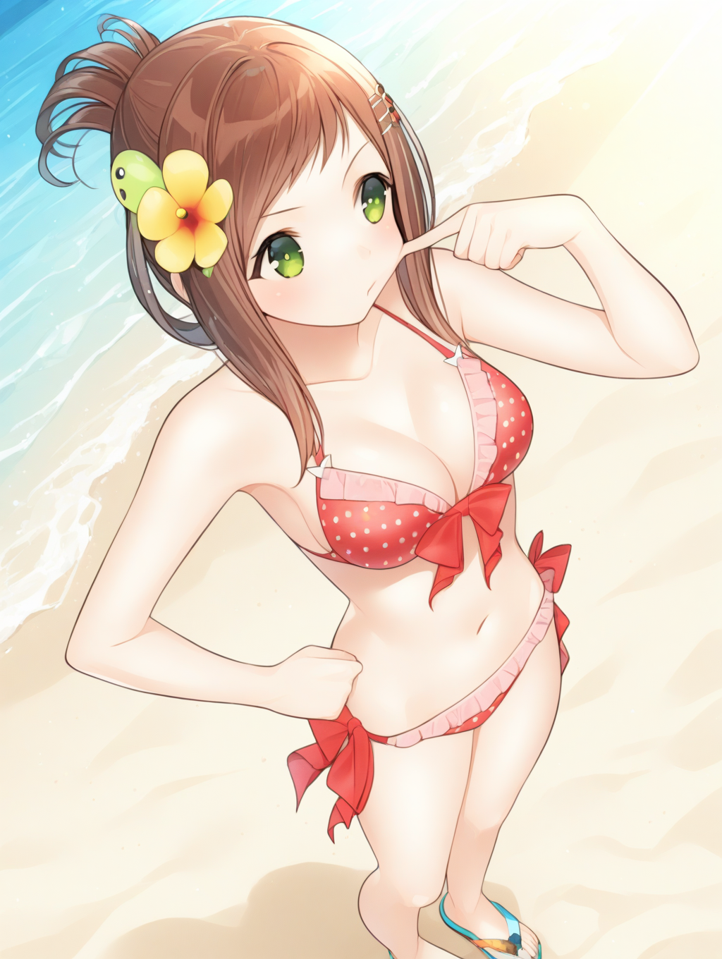 perfect quality,best quality,absolutely eye-catching,ambient occlusion,raytracing BREAK
1girl,<lora:sofia natu IL v1.1:1>,natu,polka dot bikini,ribbon,hair ornament,sandals,solo,ocean,beach,green eyes,updo,, dynamic_angle,cowboy_shot,standing,cheek_poking,hands_on_hips,kicking,