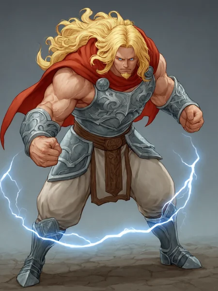 score_9, score_8_up, score_7_up, in kinu-sensei artstyle, solo, 1boy, Thor \(marvel comics\), muscular, veins, sleeveless, tunic, ornate, metal armor, red cape, bushy beard, blonde hair, blue eyes, flowing hair, clenched fists, fighting stance, breastplate, pauldrons, vambraces, greaves, cropped feet, dynamic pose, lightning, thunder, electric aura, foreshortening, <lora:Kinu_Nishimura_Capcom_Style_LoRA_Pony-000010:0.75>