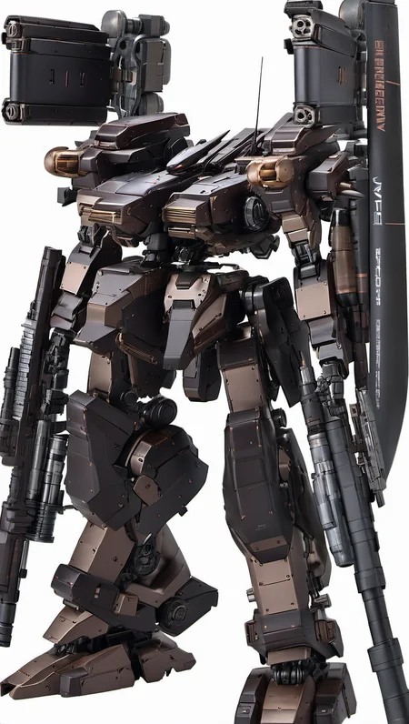 (ARMOREDCORE:0.7), best quality, masterpiece,mecha robot, (large size robot:1.5), glowing, (full body:1.2),mechanical parts, robot joints, (Detailed eye description:1.2),(huge mechanical weapon:1.3),(detailed shield description:1.2), (detailed weapon description:1.2),(huge mechanical gun:1.2), (holding weapon :1.6) <lora:srdxl_v2k:0.4>