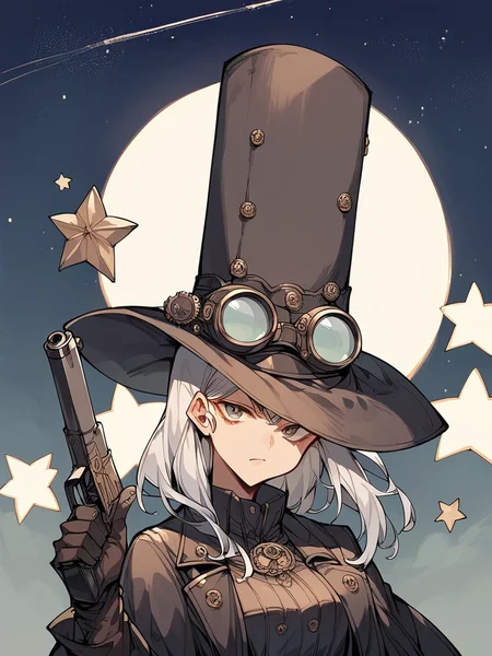 score_9,score_8_up,score_7_up,source_anime,rating_safe,1girl,<lora:Tall_hat_Pony:1>,tall_hat,upper body,steampunk,goggles,leather gloves,night,silver hair,pistol,stars,