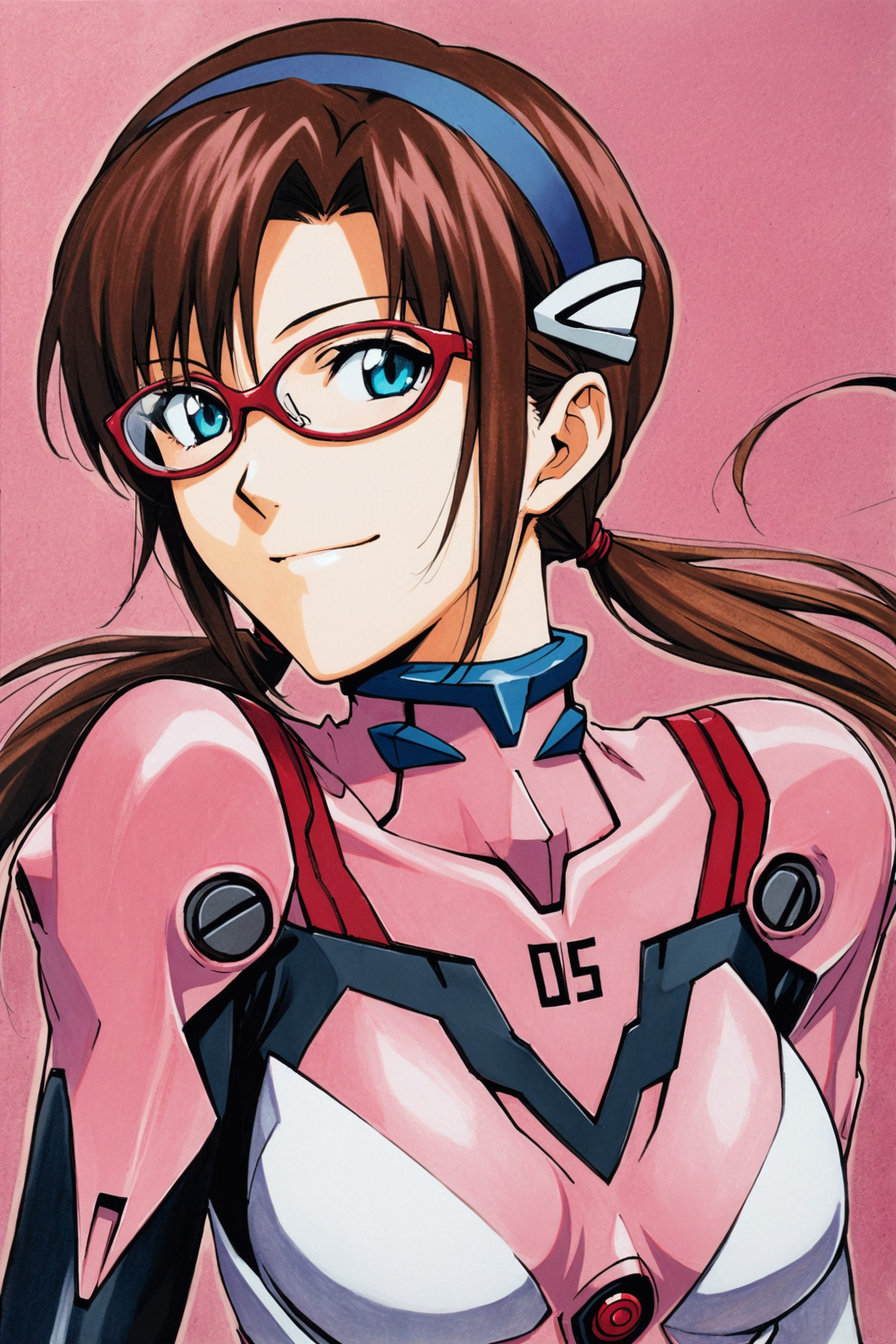 1girl,makinami mari illustrious,pink bodysuit,plugsuit,solo,glasses,bodysuit,blue eyes,long hair,brown hair,twintails,hairband,smile,upper body,traditional media,<lora:Sadamoto Yoshiyuki_XL_V3:0.8>,