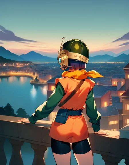 score_9, score_8_up, score_7_up, score_6_up, score_5_up, score_4_up
<lora:chrono-trigger-ponyxl-000027:1> lucca, glasses, scarf, helmet, belt, orange shirt, green sleeves, short over long sleeves, bike shorts
1girl, from behind, outdoors, night, stunning scenery of lake next to futuristic buildings, urban landscape