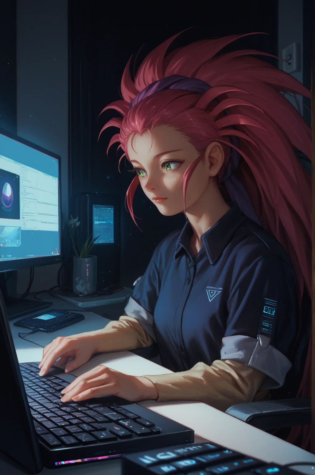 score_9, score_8_up, score_7_up, score_6_up, score_5_up, score_4_up, (high quality, detailed, beautiful) <lora:WashuuV5_epoch_9:0.99> hakubi_washuu, cowboy_shot, computer, keyboard_\(computer\), holographic_interface, sitting,