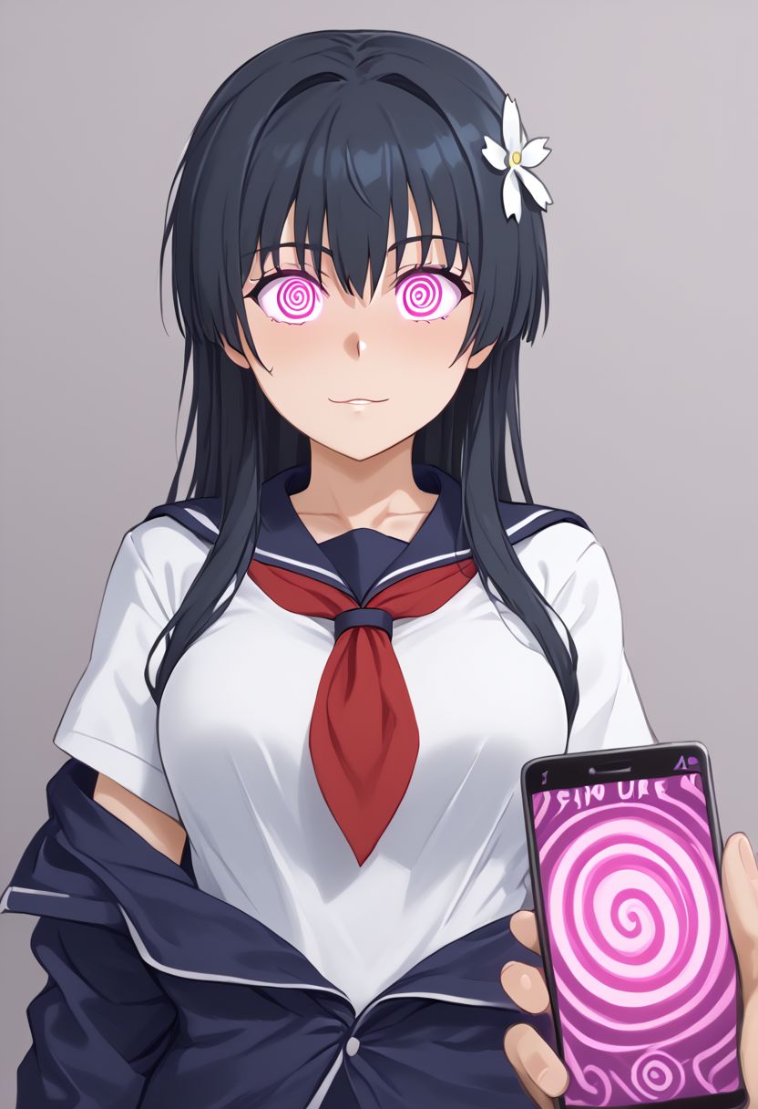 Saten hypnotized by a phone,
score_9, source anime, lewd, 1girl,
mind control, hypnotized, lovestruck expression, hypnosis app, phone,
(stripping, undressing), bra, dynamic pose, (taking shirt off), shirt on arms,
saten ruiko, hair flower, serafuku, red neckerchief, small meduim breasts,