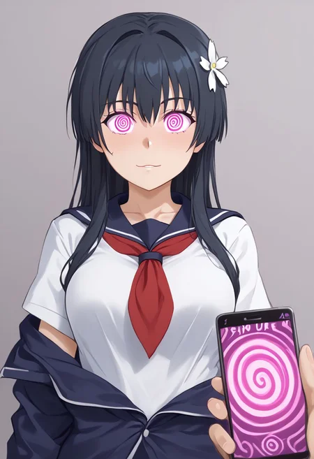 Saten hypnotized by a phone,
score_9, source anime, lewd, 1girl,
mind control, hypnotized, lovestruck expression, hypnosis app, phone,
(stripping, undressing), bra, dynamic pose, (taking shirt off), shirt on arms,
saten ruiko, hair flower, serafuku, red neckerchief, small meduim breasts,