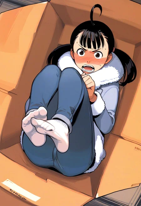 score_9, score_8_up, score_7_up, rating_safe BREAK
1girl, solo, looking at viewer, full-face blush, angry, flustered, open mouth, bangs, black hair, twintails, ahoge, brown eyes, winter coat, heavy jeans, fluffy socks, ass, thighs, feet, toes, no shoes, legs up, knees to chest, foot focus, from above, box, cardboard box, (foreshortening:1.2)