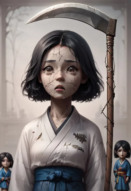 score_9, score_8_up, score_7_up, score_6_up, easynegative, masterpiece, the highest, perfecteyes, brown eyes, girl, kimono ,black hair, scythe, ,jewelry,geisha , fear, facial cracks,tears,porcelain body,doll,doll joints