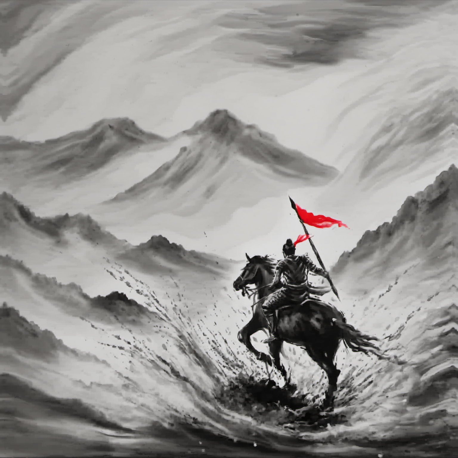 <lora:ink_xiakexing_xl_v1:0.8>,tree,mountains,
ink painting,a painting of a man riding a horse through a storm of water with a red flag on his head,solo,1boy,holding,monochrome,weapon,male focus,holding weapon,polearm,spot color,bow \(weapon\),riding,horse,horseback riding,armor,letterboxed,arrow \(projectile\),