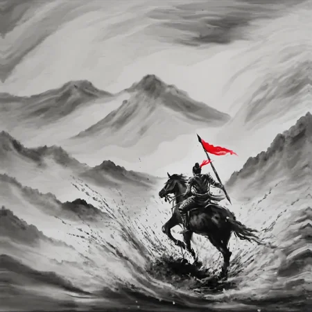<lora:ink_xiakexing_xl_v1:0.8>,tree,mountains,
ink painting,a painting of a man riding a horse through a storm of water with a red flag on his head,solo,1boy,holding,monochrome,weapon,male focus,holding weapon,polearm,spot color,bow \(weapon\),riding,horse,horseback riding,armor,letterboxed,arrow \(projectile\),