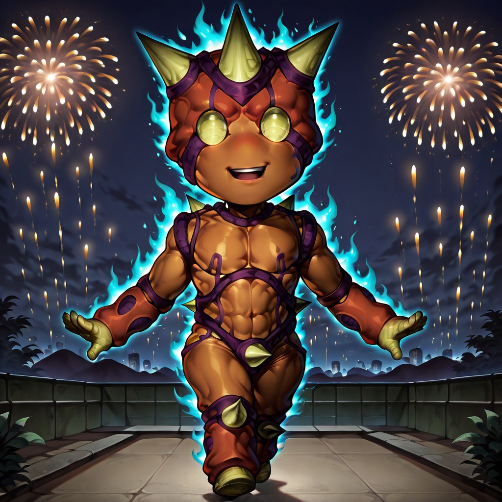 realistic, masterpiece, best quality, newest, absurdres, highres, ballroomblitz, (solo, full body), stand (jojo), 1boy, colored skin, yellow eyes, no pupils, spikes, robot, joints, no humans, chibi, (noseless:1.8), smile, open mouth, (aura:1.2), shiny, glowing eyes, looking at viewer, (jojo pose:1.4), BREAK, (fireworks), rooftop, night sky