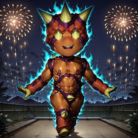 realistic, masterpiece, best quality, newest, absurdres, highres, ballroomblitz, (solo, full body), stand (jojo), 1boy, colored skin, yellow eyes, no pupils, spikes, robot, joints, no humans, chibi, (noseless:1.8), smile, open mouth, (aura:1.2), shiny, glowing eyes, looking at viewer, (jojo pose:1.4), BREAK, (fireworks), rooftop, night sky