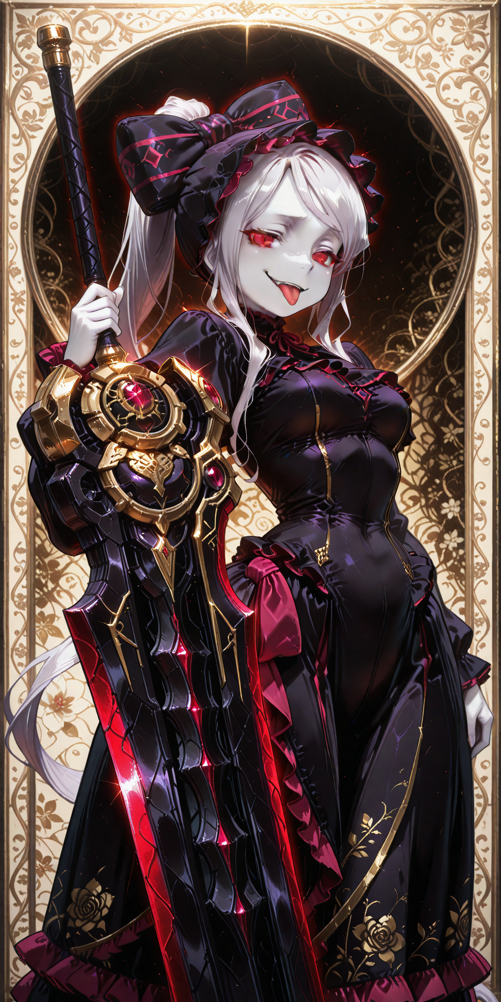 <lora:Aurastronger_SDXL:0.8>,<lora:add-detail-xl:0.8>,(1girl:1.2),anime,solo,concept art,very aesthetic,luxury [thug] girl,looking at viewer,cute,metallic,gangster style,(anime face),anime wallpaper,anime outlines,black outlines,gold trim,luxury,kawaii style,(cream background),artistic poster composition,(floral detail and pattern:1.2),ornate_border,(hiro \(dismaless\)),[[baffu]],(dark theme:1.2),(photo \(medium\):0.8),cinematic light,masterpiece,best quality,amazing quality,very aesthetic,absurdres,newest,volumetric lighting,<lora:cfg_scale_boost:0.6>,<lora:ponyv6_noobE11_2_adamW>,<lora:DarkerThanBlackIllustrious:0.6>,(giant weapons:1.4),holding sword,broadsword,Huge sword,headband,headwear,<lora:IlluShalltear>,illushalltear,pale skin,red eyes,long hair,ponytail,hair bow,black dress,long sleeves,frilled dress,ponytail,(point face:1.2),tongue out,(evil smile:1.2),dark,gold trim,luxury,kawaii style,<lora:illustriousXL_stabilizer_v1.23:0.8>,<lora:sharpspectrumvaexl_v1:0.6>,dark,