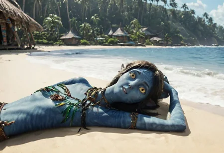 Kiri ((laying on her (side)), on beach sand, (hand under head), [[[[closeup]]]], suntanning, along, big eyes wide open, (looking at viewer), seaside, tribal huts and trees and (sea with ((high surf))) on background, wide heavy necklace with big pieces, symmetrical eyes, symmetrical pupils, SK_CINEMATIC
