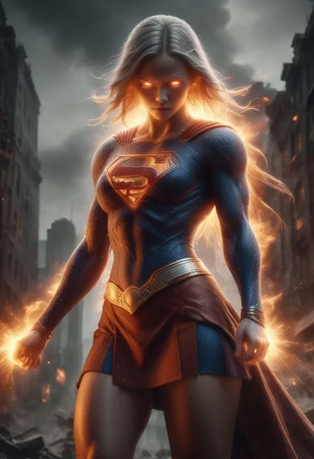 High resolution ultra-realistic of Beautiful Kiernan Shipka as Supergirl fighting against alien invasion, cinematic style, standing on a bloody and stormy battlefield in a fighting pose, bloody massacre, fire, ultra fine details, 8k resolution, dramatic lighting, high contrast shadows casting over his iconic "S" emblem, capturing the intensity of the moment, cinematic quality. hyperdetailed vibrant color, complex, portrait, Intricately Designed combat costume and red mini skirt, 8k resolution concept art, superheroine charming, portrait by Greg Rutkowski, beautiful firm Breasts, defiant and seductive, Artgerm, WLOP, Alphonse Mucha, perfect composition, beautiful detailed intricate, perfect big eyes, detailed octane render, digital painting, pixiv contest winner, official art, anime, official art, character design, trending on artstation, high quality model, best quality, high quality, highly detailed, 8k, best quality, high quality, highres, detail enhancement, 8k, hdr, sharp focus, ultra detailed, perfect lighting