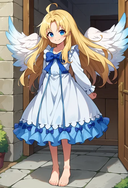 score_9, score_7_up, source_anime, BREAK solo, smile, arms behind back, leaning to the side,   <lora:AEFilo-000009:0.9> AEFilo, blue eyes, blonde hair, ahoge, long hair, white wings, blue bowtie, white dress, frilled dress, frilled sleeves, long sleeves, barefoot, bare legs,