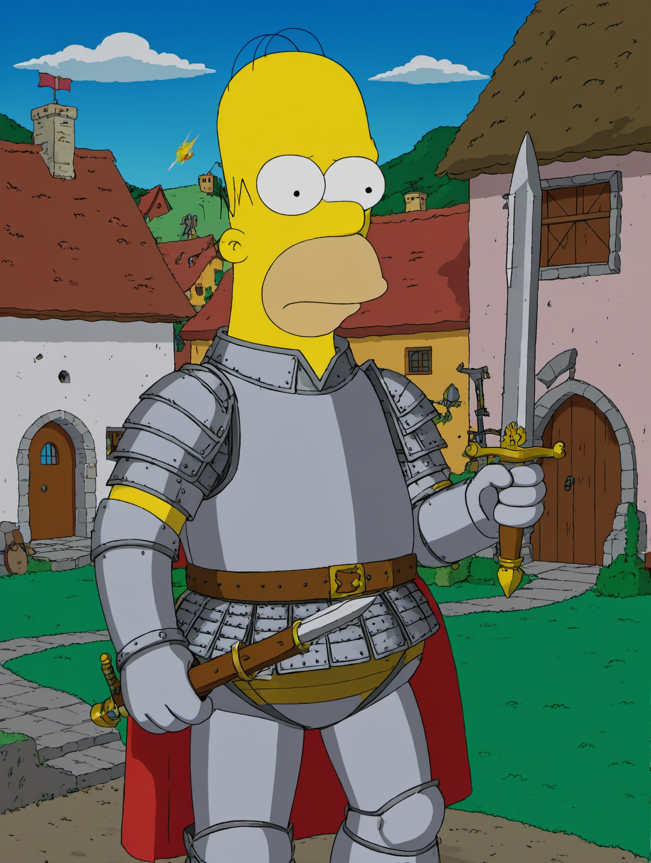 (best quality, high quality:1.3),(homer simpson:0.5),
ohwx man as a medieval knight,plate armor,village,holding weapon,
<lora:homer_simpson_sdxl_v1:1>