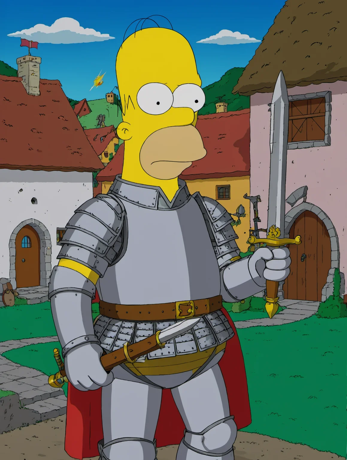 (best quality, high quality:1.3),(homer simpson:0.5),
ohwx man as a medieval knight,plate armor,village,holding weapon,
<lora:homer_simpson_sdxl_v1:1>