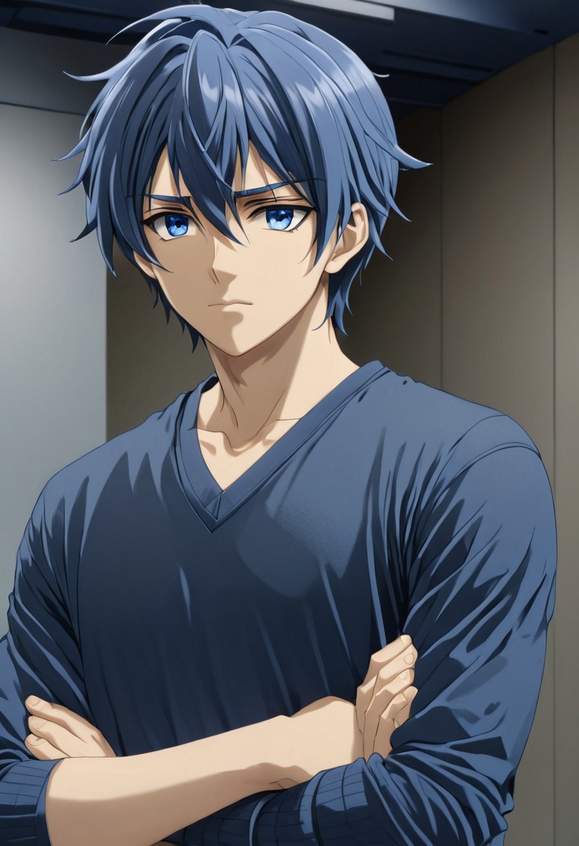 high resolution, solo, best quality, 1Boy, Tomoya Okazaki, Grey Blue Hair, blue eyes, Arms crossed, V-neck accentuated, stylish, confident,
