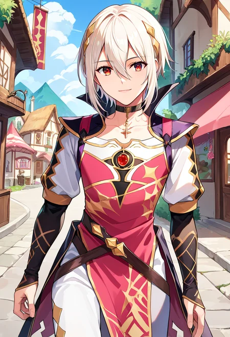 score_9, score_8_up, score_7_up, source_anime, outdoors, village, medieval,
<lora:Rafal6_SDXL:1>,RafalFE_SDXL, red eyes, white hair, short hair,hair between eyes,choker,jewelry,white pants,pelvic curtain, cowboy shot,smile,1boy,