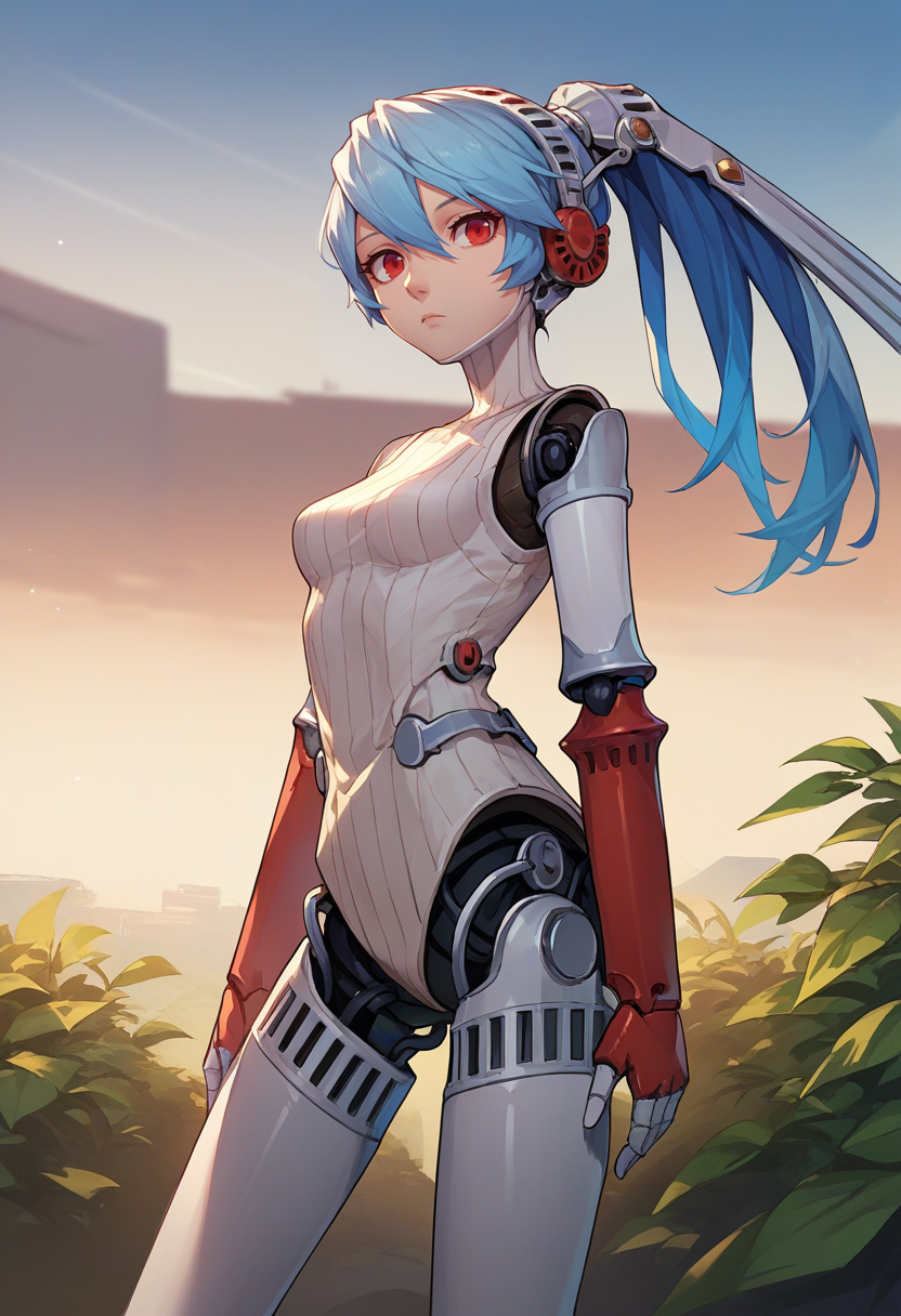 score_9, score_8_up, score_7_up, source_anime, solo, 1girl, p4labrys, expressionless, looking at viewer, standing, android, robot joints, blue hair, ponytail, red eyes, headphones, outdoors <lora:persona4_labrys_ponyXL:1>