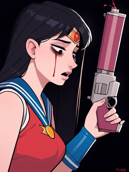 score_9, score_8_up, score_7_up, score_6_up, score_5_up, score_4_up, rating_safe
BREAK
sailor mars, circlet, black hair, black eyes, looking away, tired, half-closed eyes, bags under eyes, sigh, open mouth, looking down, blood on face, blood splatter,
BREAK
solo, portrait, magical girl, red serafuku, from side, holding gun, handgun, blood on weapon,
BREAK
black background, <lora:Lunas-MareTen-SDXL-A1:1>