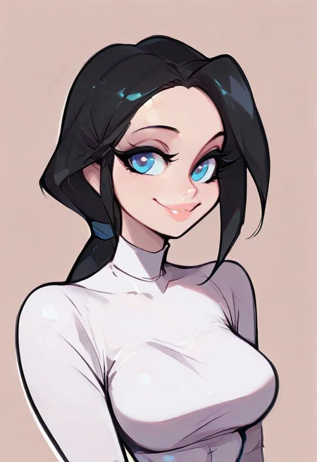 {{masterpiece,best quality,amazing quality,absurdres}}, {{flat shading, cel shading}}
BREAK
1girl, solo, upper body, simple background, portrait, looking at viewer, mila_jago, black hair, low ponytail, blue eyes, smile