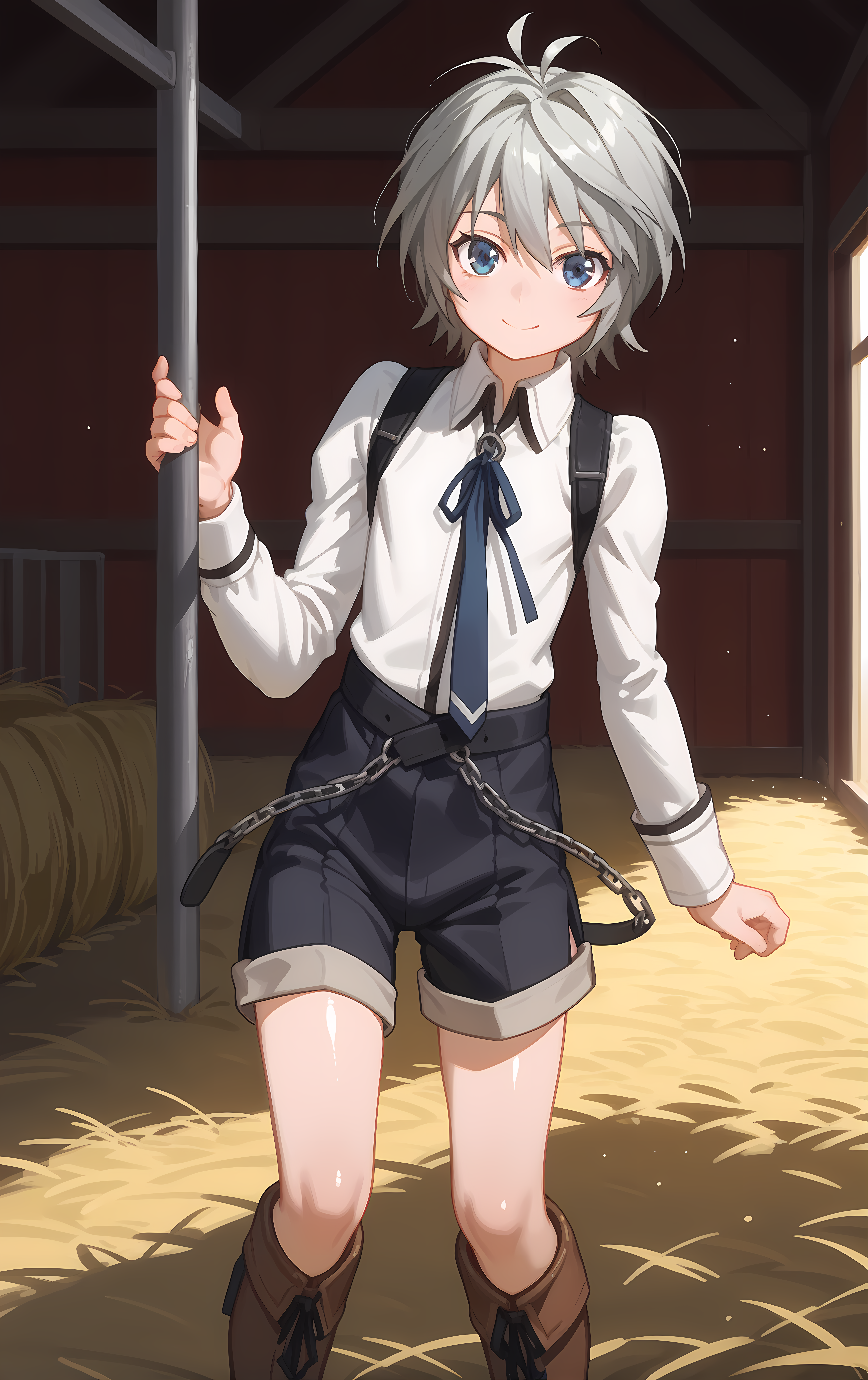 (score_9, score_8_up, score_7_up), looking at viewer, smile, closed mouth, shiny skin,
ohwx, solo, 1boy, male_focus, blue_eyes, grey_hair, white_hair, short_hair,
androgynous, aged_down, boots, chain, long_sleeves, necktie, ribbon, school_uniform, shirt, shorts, skirt, suspenders, white_shirt,
barn, Pretending to struggle with an invisible wind,
 <lora:shiina_pony_ss:1>