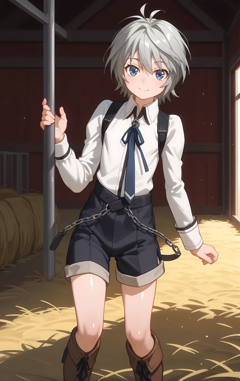 (score_9, score_8_up, score_7_up), looking at viewer, smile, closed mouth, shiny skin,
ohwx, solo, 1boy, male_focus, blue_eyes, grey_hair, white_hair, short_hair,
androgynous, aged_down, boots, chain, long_sleeves, necktie, ribbon, school_uniform, shirt, shorts, skirt, suspenders, white_shirt,
barn, Pretending to struggle with an invisible wind,
 <lora:shiina_pony_ss:1>
