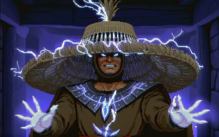 <lora:bigtroubleinlittlechina sdxl - damocles_aaa:0.9> <lora:lucasarts style:1.3> lucasarts style,
, 2d flat shading, pixel art, video game screenshot
,lghtn man, lightning eyes,(conjuring lighting), wearing a hat,raised hands