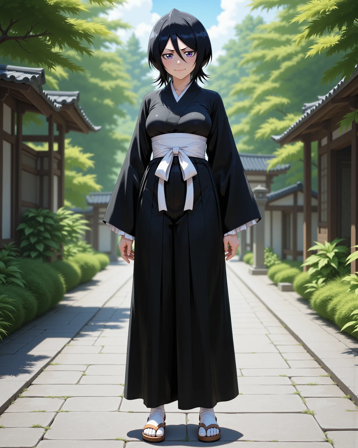 -looking at viewer, outdoors daylight, a 20 year old adult mature woman.
PhotoRealistic Style,  front view photo of.
<lora:Bleach_-_Rukia_v2_000030:1> b-rukia, Black Hair, purple eyesblack kimono-style shihakushÅ with white sash, loose hakama pants, white tabi socks and sandals, short sleeves, ZanpakutÅ at her waist
Upper Body view passport style