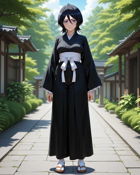 -looking at viewer, outdoors daylight, a 20 year old adult mature woman.
PhotoRealistic Style, front view photo of.
<lora:Bleach_-_Rukia_v2_000030:1> b-rukia, Black Hair, purple eyesblack kimono-style shihakushÅ with white sash, loose hakama pants, white tabi socks and sandals, short sleeves, ZanpakutÅ at her waist
Upper Body view passport style