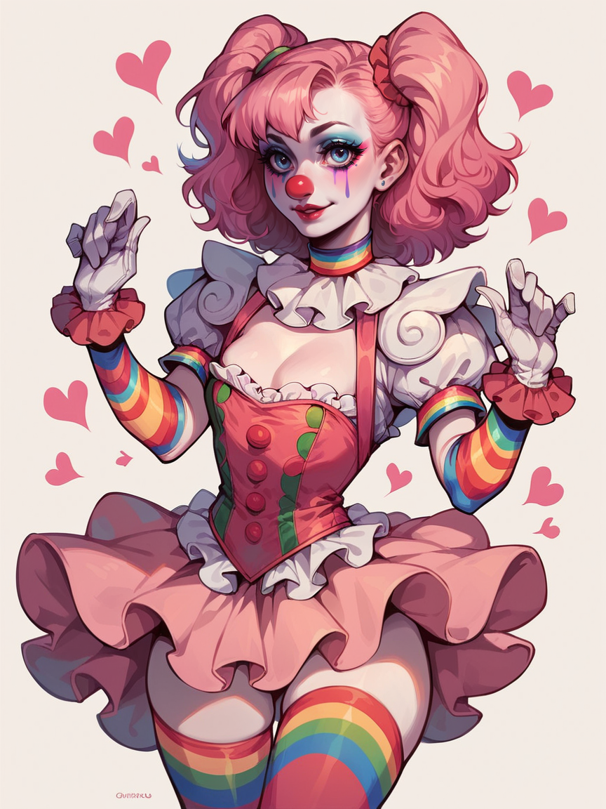 score_9, score_8_up, score_7_up, score_6_up,  1girl, <lora:c1rcus2XLP:0.6> c1rcus, clown, pink hair, thighhighs, gloves, makeup, striped, hearts