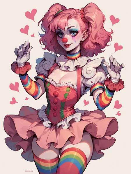 score_9, score_8_up, score_7_up, score_6_up,  1girl, <lora:c1rcus2XLP:0.6> c1rcus, clown, pink hair, thighhighs, gloves, makeup, striped, hearts
