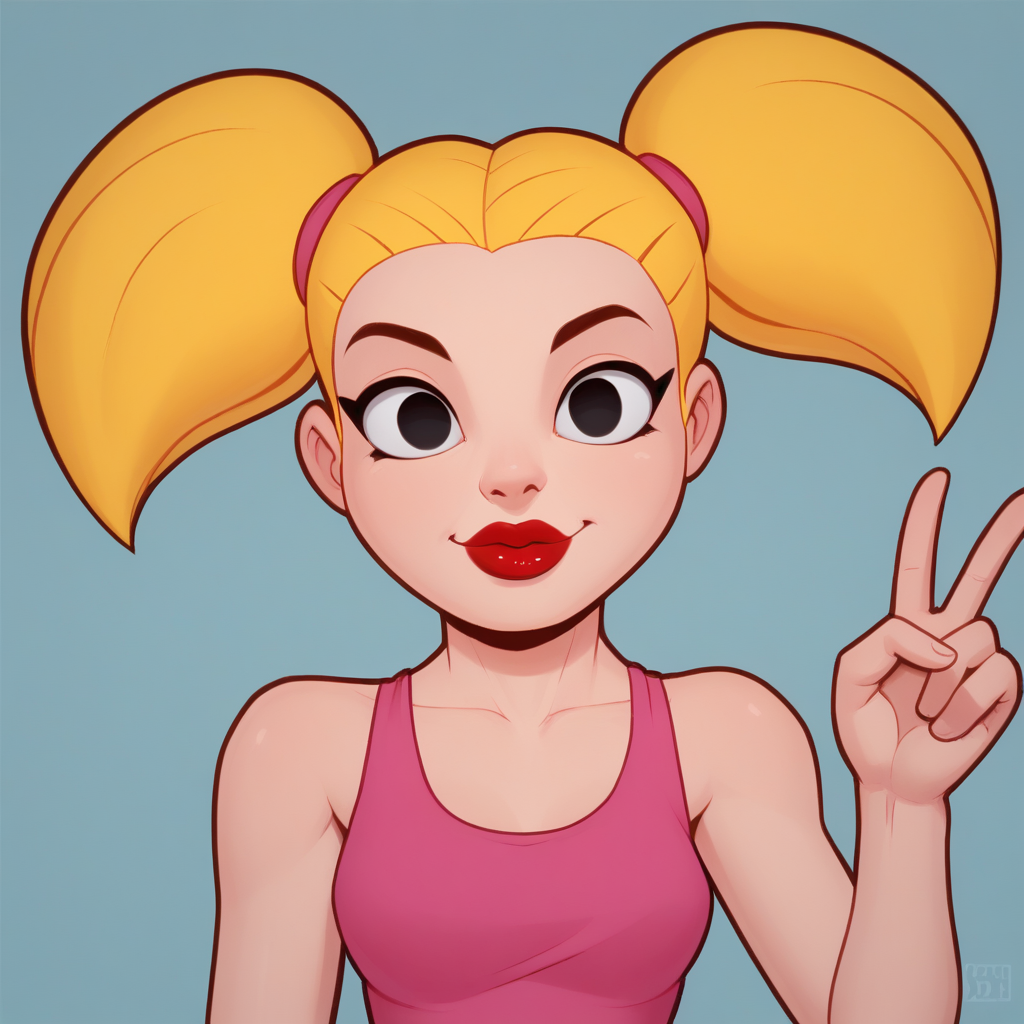 score_7_up, BREAK,  Candi, 1girl, solo, blonde hair, twintails, black eyes, red lips, pink dress, sleeveless, v-neck,  <lora:Candi_DexterLab_PXL_Leaf1:1>, portrait, looking at viewer,
