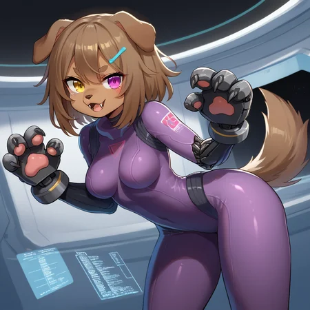 score_9, score_8_up, score_7_up, score_9, score_8_up, score_7_up,kemono,((sketch style)),rough lines,Furry, adult, Inumimi(Dark brown hair and fur),Dark skin,female,Whisker markings,white muzzle, hair ornament, (((droopy dog ears))), (Fluffy:1.2),paw hands, dog tail,medium breasts,beautiful face, (extremely detailed eyes), ((purple_eye yellow_eye heterochromia:1.2)), ((Long sharp fangs))thick thighs, medium breasts, skintight suit, one mechanical arm, scifi, holograms, sp4cecraft, spacecraft_interior, looking at viewer <lora:Space_ship_concept:1>