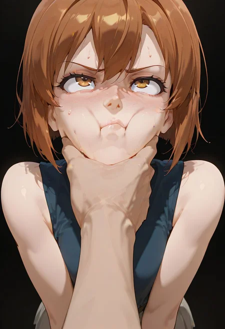 anime, anime coloring, 
1girl, 
fcgrb, face grab, grabbing another's face, grabbing, pov, pov hand, pout, standing, single bare arm, bare arms, <lora:face_grab_illustrious:0.5>,
black background,