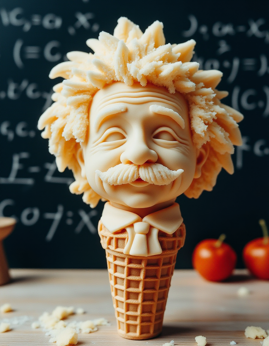 A whimsically sculpted ice cream cone resembling Albert Einstein, with wild, swirled ice cream hair. His signature mustache is carved from creamy layers, while his face is smooth with slight folds of melted edges. The waffle cone foundation transitions into his iconic suit collar. A chalkboard filled with equations stands in the background, adding an intellectual touch.
<lora:ice-cream-cone-flux:1>