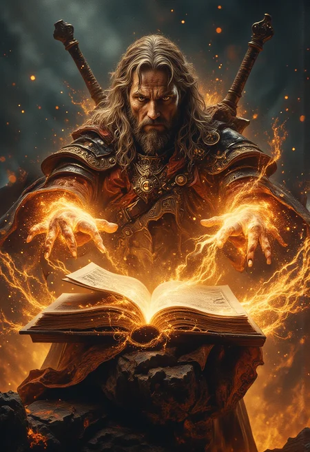 Depict an epic and heroic scene featuring a battle-hardened sorcerer in the midst of casting a powerful spell. The mage stands on a jagged cliff edge, shrouded by a fiery sky that glows with the intensity of a brewing storm. His armor is intricately detailed, adorned with glowing runes and crimson accents that radiate an aura of raw power. A massive sword is strapped to his back, further emphasizing his dual mastery of combat and magic. In front of him, a mystical, ancient tome floats in midair, its pages glowing with golden light as runic inscriptions emerge and hover around its edges. The mageâs piercing gaze is fixed on the book, his expression intense and determined, as if unraveling a secret of immense importance. Both of his hands are raised, radiating visible streams of magical energy. Fiery, circular runes hover just above his palms, spinning and pulsating with brilliant orange and gold hues. Sparks and tendrils of energy arc outward from the runes, illuminating the scene with a chaotic yet mesmerizing glow. The dynamic motion of the magical elements draws the viewerâs eye, conveying the immense force he is channeling. The background is alive with energy, with embers and dust swirling through the air, adding a sense of urgency and grandeur to the composition. The lighting is dramatic, with the fiery glow of the magic casting bold highlights and shadows on his battle-worn armor and rugged features. The overall scene exudes power, determination, and the high stakes of a climactic moment in an epic tale. <lora:flux_sparklycism.safetensors:0.5>, <lora:Dever_Flux_Enhancer.safetensors:0.5>, <lora:Elden_Ring_-_Yoshitaka_Amano.safetensors:1.0>, <lora:Movie_Portrait.safetensors:0.6>, <lora:- Flux1 - soothing_atmo_V2.0.safetensors:0.3>, <lora:lith_mimosa_kiel_grw134_FLUX.safetensors:0.5>,