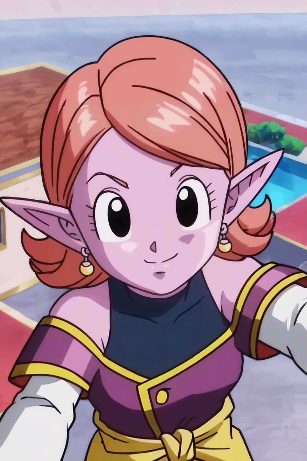 source_anime, score_9, score_8_up, score_7_up, anime screencap,8k, absurdres, 
selfie,  conton city, 
chronoa, 1girl, solo, looking at viewer, smile, short hair, bare shoulders, potara earrings, closed mouth, upper body, orange hair, pointy ears, black eyes, city, colored skin, purple skin, collarbone, from above, small breasts, arm by side, eyelashes, detached sleeves, kai tunic, official style, purple tunic, sleeveless turtleneck leotard, white sleeves, yellow sash, off shoulder,
 <lora:chronoa_pony_v1:0.8>