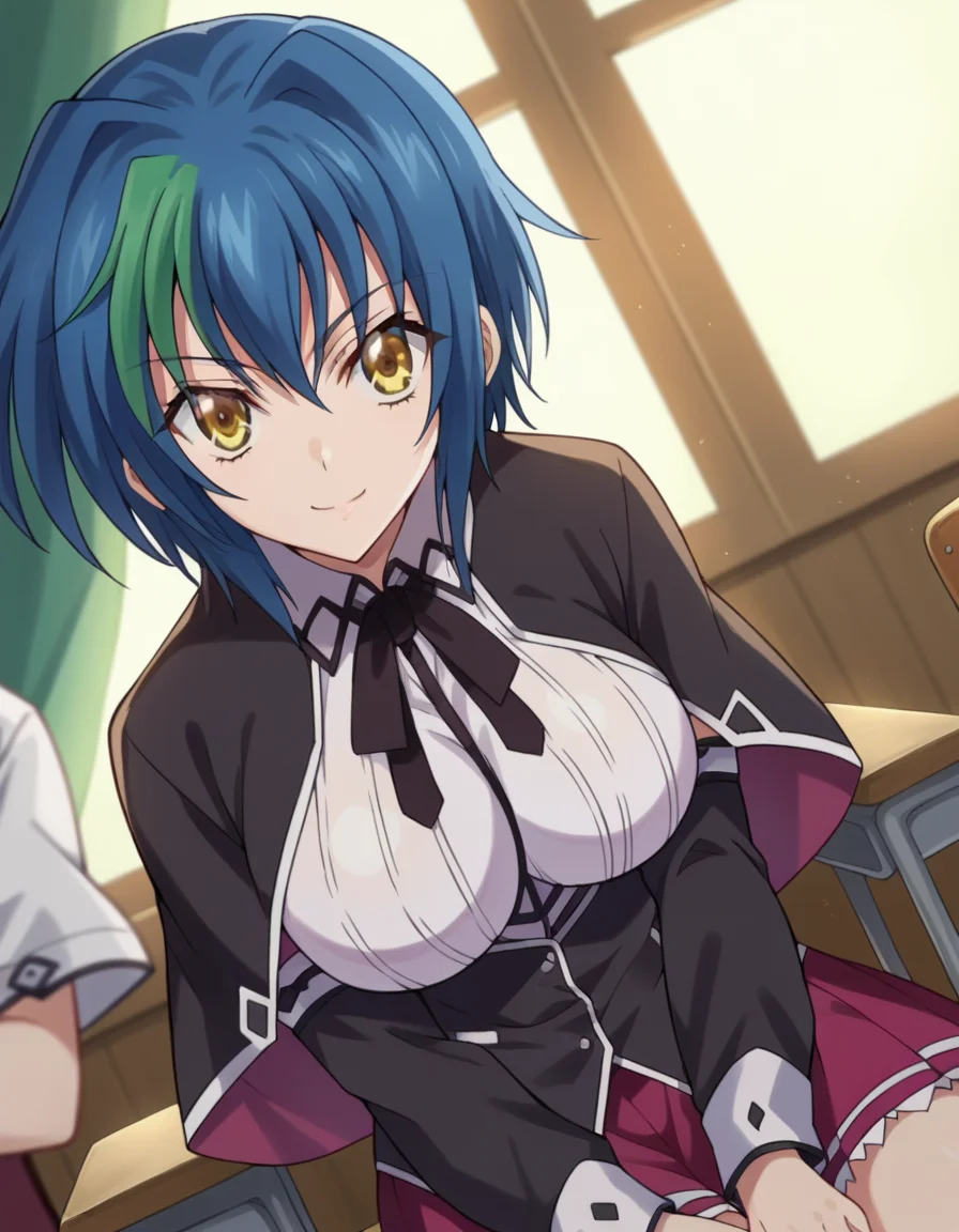 score_9, score_8_up, score_7_up, source_anime,
xenoviaquarta, <lora:dxd-xenovia-quarta-ponyxl-lora-nochekaiser:1>,
xenovia quarta, short hair, blue hair, yellow eyes, multicolored hair, green hair, two-tone hair, streaked hair, smile,
shirt, ribbon, school uniform, white shirt, black ribbon, neck ribbon, capelet, black capelet, long sleeves, skirt, red skirt,
indoors, classroom, sitting, desk, chair,
looking at viewer, dutch angle, cowboy shot,