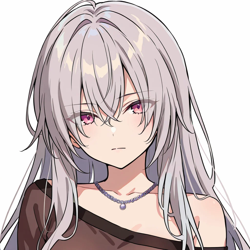 <lora:gekkaIL:1>,gekka \(gakumas\),score_9,score_8_up. score_7_up,masterwork,masterpiece,1girl,solo,
1girl, solo, long hair, necklace, looking at viewer, grey hair, breasts, hair between eyes, bangs, shirt, brown shirt, white background, pink eyes, off shoulder, closed mouth, eyes visible through hair, black shirt, bare shoulders