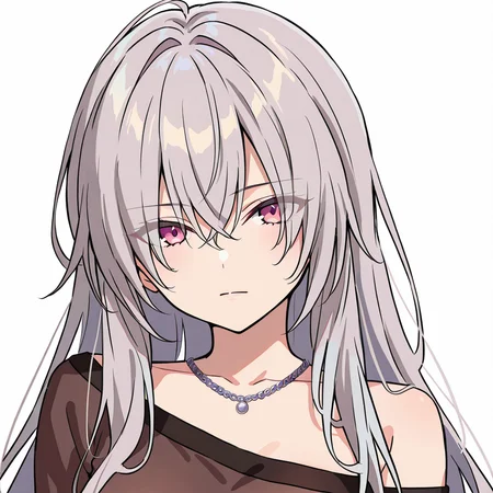 <lora:gekkaIL:1>,gekka \(gakumas\),score_9,score_8_up. score_7_up,masterwork,masterpiece,1girl,solo,
1girl, solo, long hair, necklace, looking at viewer, grey hair, breasts, hair between eyes, bangs, shirt, brown shirt, white background, pink eyes, off shoulder, closed mouth, eyes visible through hair, black shirt, bare shoulders