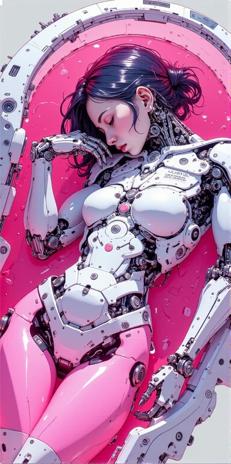 A digital artwork in the style of cknc, beautiful cyborg girl curled up and sleeping inside of artificial womb machine, her robotic body is submerged in pink transparent fluid<lora:ck-nc-pastel-cyberpunk:1.2> <lora:BLUE_mk4_angel_FLUX_01:1.3> <lora:CPA:1>