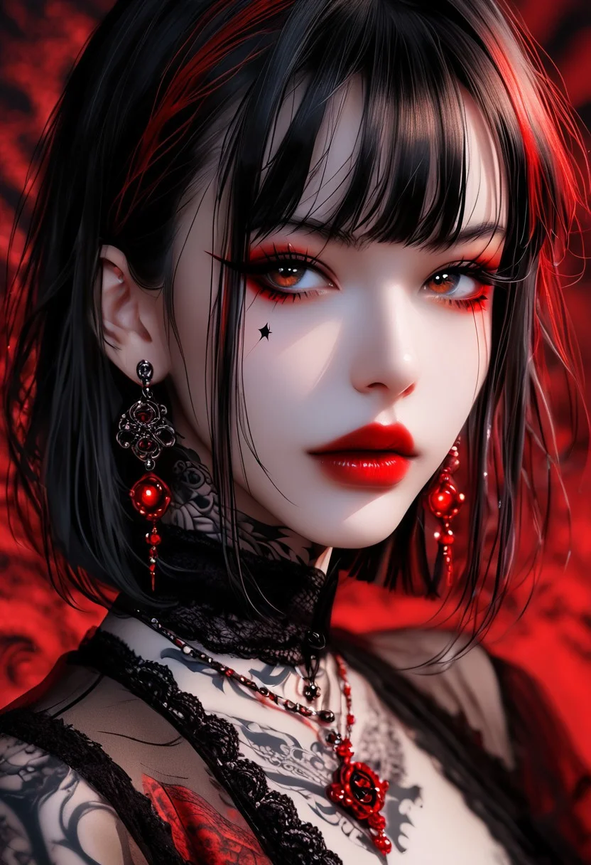 pen and ink drawing in black and red, vibrant, beautiful, detailed, textural, artistic, concept art, close up on face, masterpiece, <lora:add-detail-xl:1>, great lighting, BREAK, closeup portrait of stunning chinese Goth girl 1girl, medium black hair with red streak, bangs, tattoos, earrings, red lips, mascara, eye-liner, necklace, see-through lace blouse, no bra, abstract background