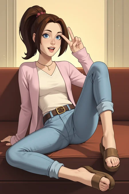 score_9, score_8_up, score_7_up, score_6_up, score_5_up, score_4_up, BREAK, <lora:Kitty_Pryde_2-000005:.7>, 1girl, Kitty Pryde, brown hair, blue eyes, ponytail, pink cardigan, denim, capri pants, sandals, sitting, one leg bent, peace sign