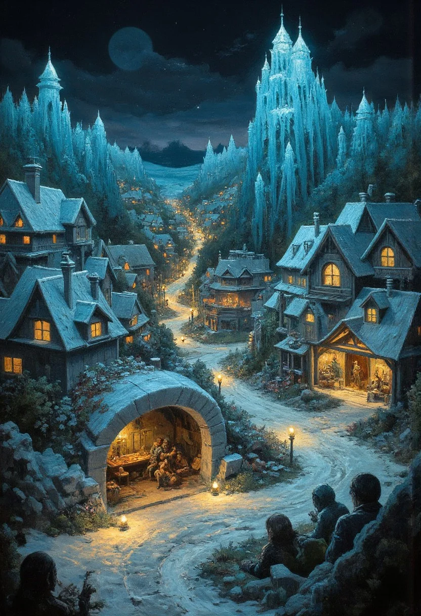 An eerie, abandoned village entirely carved from ice, with cottages whose roofs glisten like crystal and streets lined with frozen lampposts glowing faintly, inside the buildings, intricate frozen dioramas depict moments of joy and horror—children playing, a feast interrupted by shadowy creatures, villagers praying to an unseen deity, the air is still and deathly silent except for the faint creaks of ice shifting, the scene mirrors the macabre intricacy of Hans Ruedi Giger’s biomechanical style, blending the organic with the surreal, the frozen dioramas hinting at lives trapped in eternal cold.
, Vibrant, grotesque, and surreal with bold contrasts, heavy black outlines, and a blend of dreamlike autumnal hues; a mix of neon, retro, and pagan elements, inspired by Sean Aaberg’s punk-infused, chaotic energy and dreamcore's eerie, nostalgic undertones