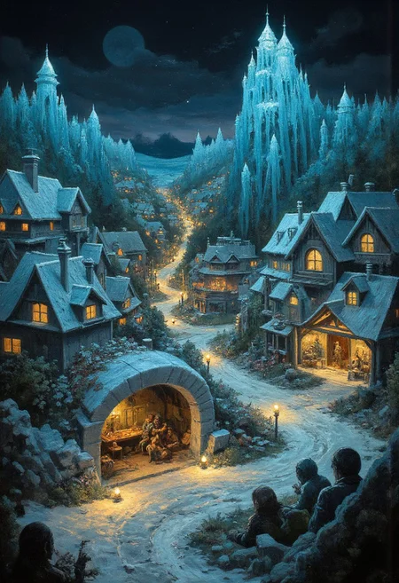 An eerie, abandoned village entirely carved from ice, with cottages whose roofs glisten like crystal and streets lined with frozen lampposts glowing faintly, inside the buildings, intricate frozen dioramas depict moments of joy and horror—children playing, a feast interrupted by shadowy creatures, villagers praying to an unseen deity, the air is still and deathly silent except for the faint creaks of ice shifting, the scene mirrors the macabre intricacy of Hans Ruedi Giger’s biomechanical style, blending the organic with the surreal, the frozen dioramas hinting at lives trapped in eternal cold.
, Vibrant, grotesque, and surreal with bold contrasts, heavy black outlines, and a blend of dreamlike autumnal hues; a mix of neon, retro, and pagan elements, inspired by Sean Aaberg’s punk-infused, chaotic energy and dreamcore's eerie, nostalgic undertones