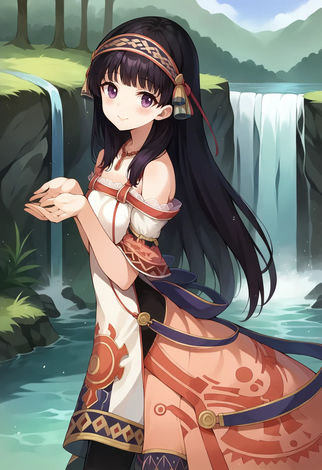 score_9, score_7_up, hd, (ultra hd quality details), source_anime, outdoors, lake, waterfall, light particles,
solo, 1girl, atslstera, long hair, hairband, purple eyes,
slsteradef, print dress, necklace, off-shoulder dress, bare shoulders, black pantyhose,
looking at viewer, blush, smile,
standing, hands up, head tilt, from side,
<lora:_shallistera_argo-elesico-ponyB:1>